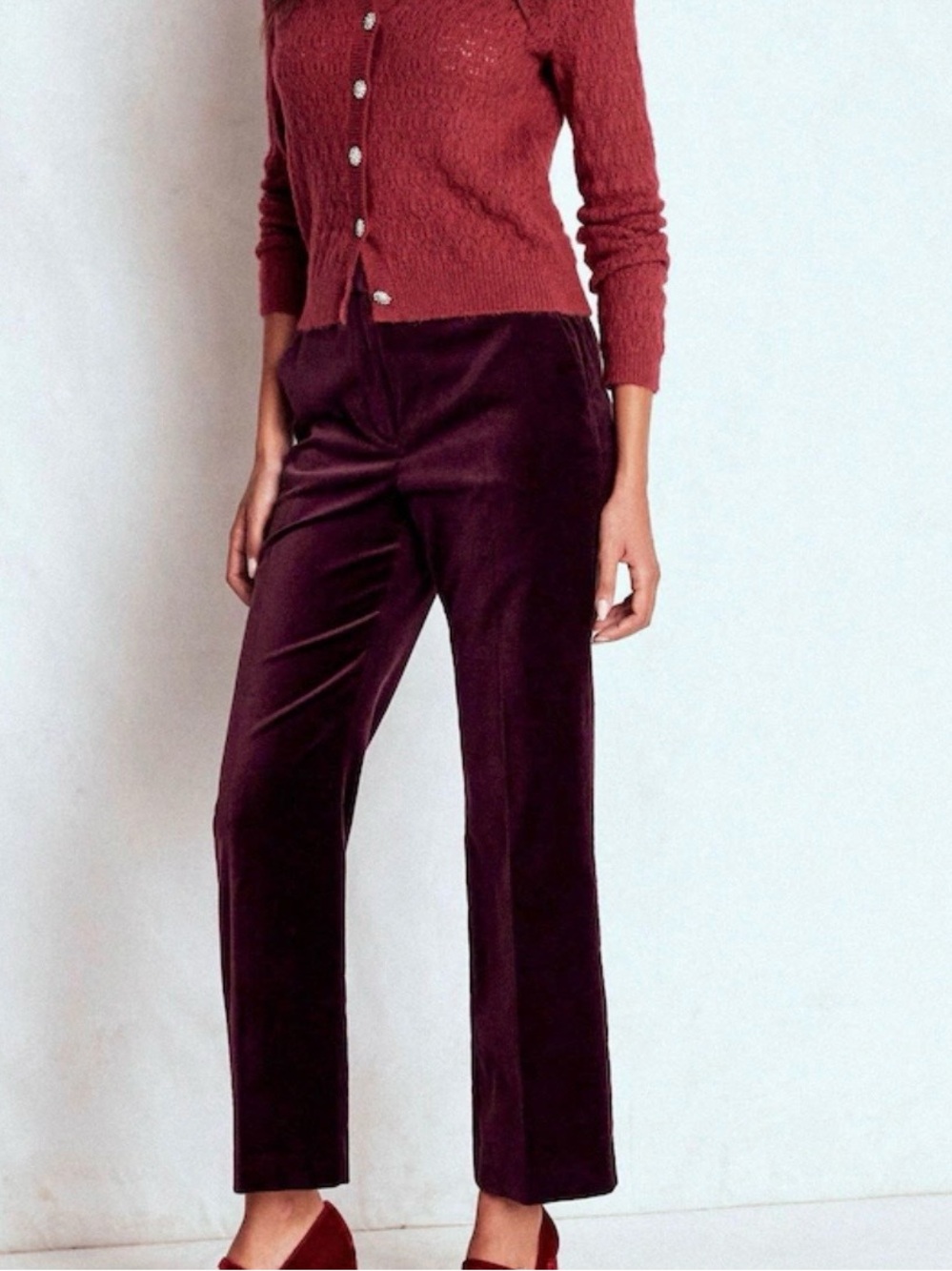 Boden Velvet Pants Women's US 4R Burgundy Taper Leg Preppy Classic Luxe Festive